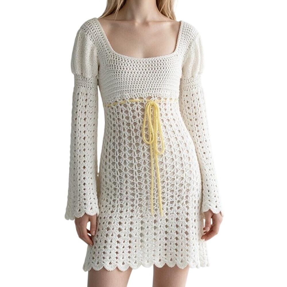 Vintage 70s White Crochet Knit Mini Dress Flare Sleeves Handmade